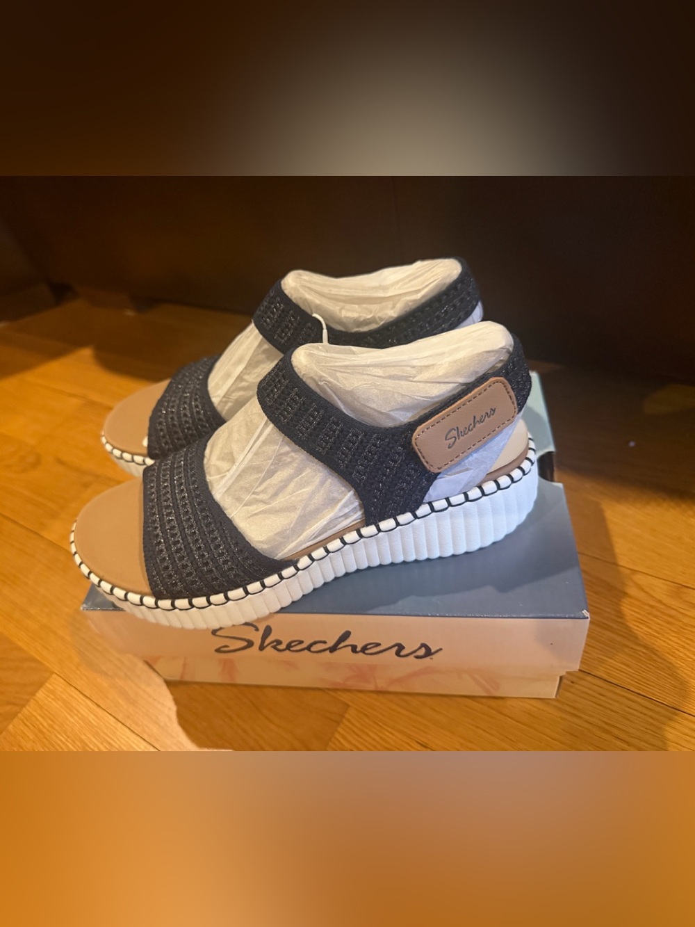 SKECHERS women’s Wilshire Blvd Summertime Inspo Navy Wedge Sandals